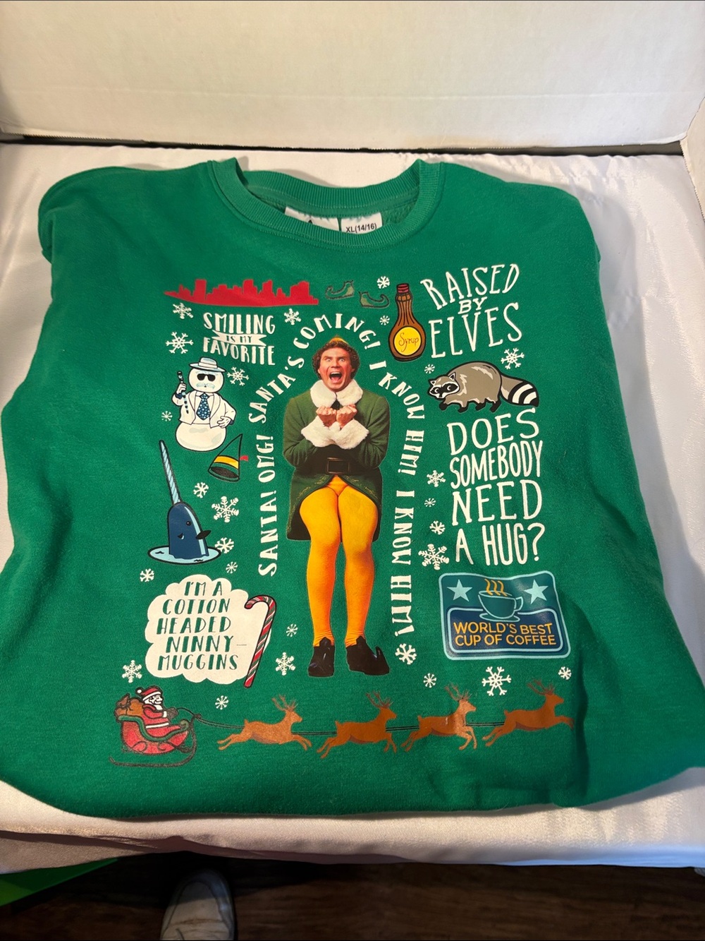 ELF Green Holiday Sweatshirt with Multicolor Festive Print